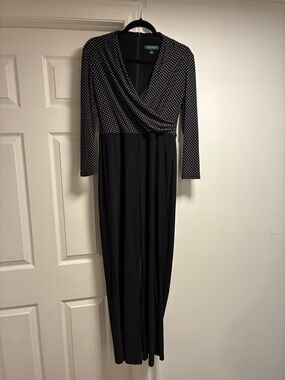 Lauren Ralph Lauren Black and White Polka Dot Long-Sleeve Jumpsuit